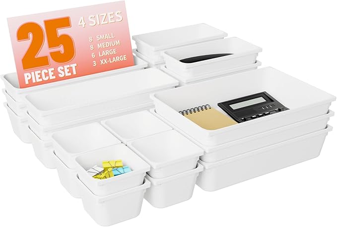 25 pc Plastic Drawer Organizer Set,4 Size Small Storage Containers for Organizing Jewelry,Utensil,Junk,Tea,Makeup,Shallow Drawer Organizers Tray Suitable for Office,Desk,Bathroom,Vanity,Kitchen,White-NeatNest