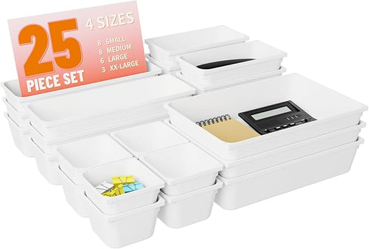 25 pc Plastic Drawer Organizer Set,4 Size Small Storage Containers for Organizing Jewelry,Utensil,Junk,Tea,Makeup,Shallow Drawer Organizers Tray Suitable for Office,Desk,Bathroom,Vanity,Kitchen,White-NeatNest