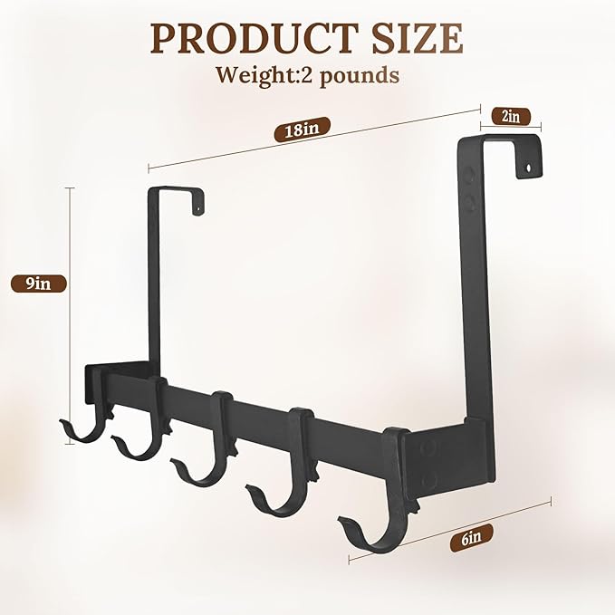 18" Over The Door Hook Rack with 5 Movable Hooks, Soft Iron Finish, for Bedroom, Bathroom, Walk-in Closet, Laundry Room and More - Black-NeatNest