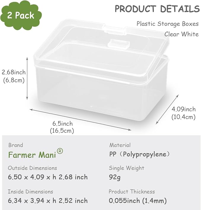 2 Pack Rectangle Plastic Clear Storage Containers Box (6.5 x 4.09 x 2.68 inch), Small Clear Case for Pills, Jewellery, Herbs, Tiny Bead, Craft Items-NeatNest