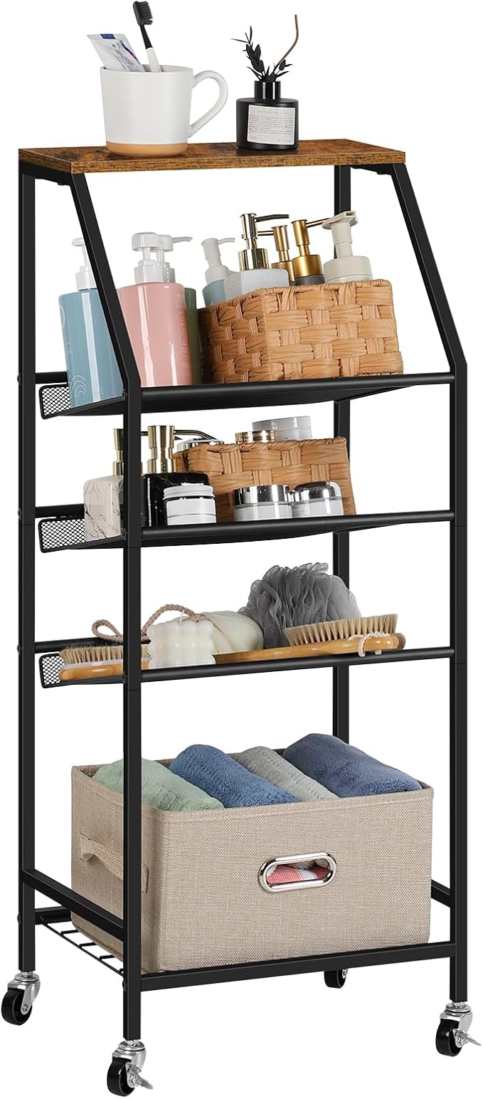 Bathroom Towel Stand Freestanding 5 Tier Metal Utility Rolling Cart with Storage for Home Kitchen Living Room Office, Rustic Brown