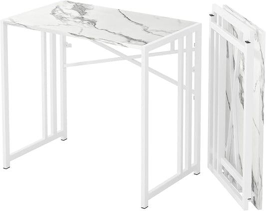 35 inch Folding Small Desk, Writing Gaming Computer Camping Desk for Small Spaces, No Assembly Required Home Office Table, White Marble-NeatNest