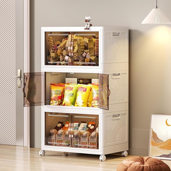 416 QT / 104 Gal Stackable Collapsible Storage Bins with Magnetic Doors & Wheels - Space-Saving Plastic Organizer Cabinet for Closet, Office, Home (White)-NeatNest