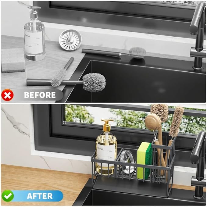 Cisily Sink Caddy Organzier with High Brush Holder, Sponge Holder for Sink, 304 Rustproof Stainless, Kitchen Countertop Soap Dispenser Organizer, Dark Gray Kitchen Decor and Accessories-NeatNest