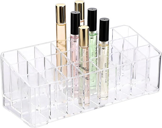 ELLDOO Rollerball Perfume Organizer, 24 Spaces Clear Acrylic Perfume Storage Holder Beauty Scent Holder, Makeup Lipgloss Lipstick Display Case-NeatNest