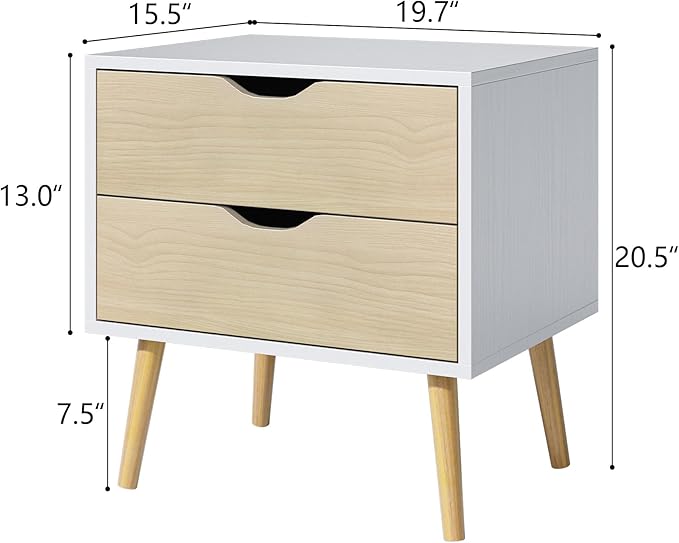 End Table Set of 2 with Storage Drawers, Modern Small Sofa Side Table, Nightstand Accent Wooden Bedside Table with Solid Wood Legs for Living Room,White/Oak