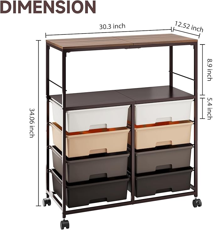 8 Drawers Rolling Storage Cart with Wooden Top, Multipurpose Utility Cart with Opening Shelf & Lockable Wheels, Storage Drawer Cart Organizer for Home Office Craft Room Classroom, Brown