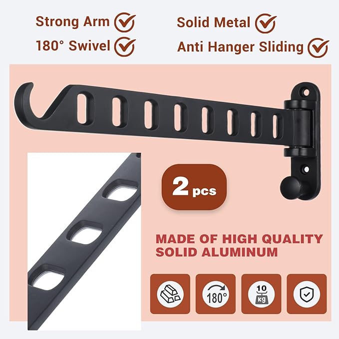2 Pack Swing Arm Clothes Hanger Rack Wall Mount, Laundry Room Drying Rack with Swing Arm, 8 Holes and 180°Rotation, Swing Away Hanger Rack, Sturdy Hanging, Solid Aluminum (Black)-NeatNest