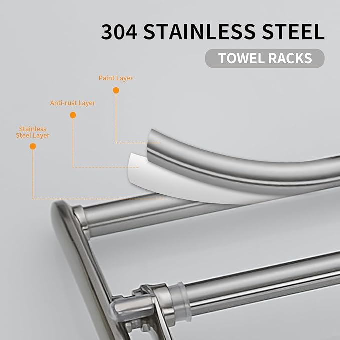 BESy 24 Inch Brushed Nickel Towel Racks, Bathroom Towel Shelf with Foldable Towel Bar Holder and Towel Hooks, Wall Mounted Multifunctional Bathroom Accessories, Double Towel Bars-NeatNest