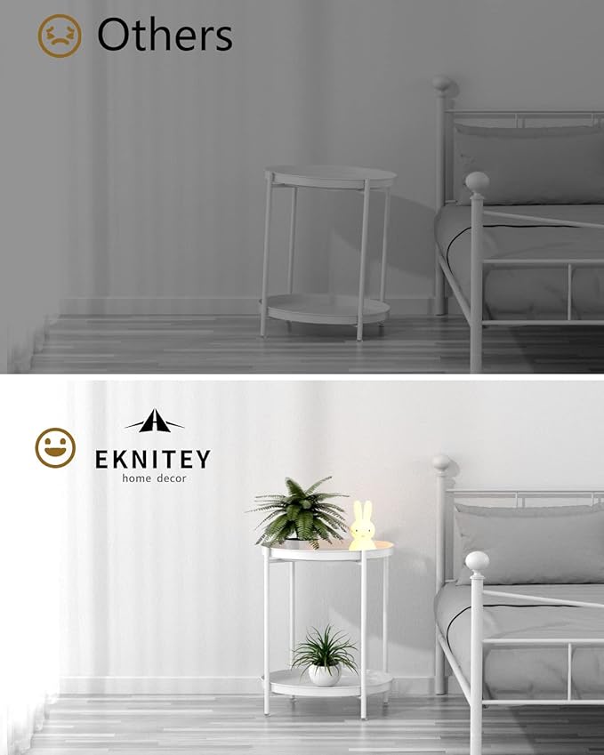 EKNITEY 2 Tier End Table - Metal Side Table Waterproof Small Sofa Coffee Side Tables Bedroom Indoor Outdoor with Removable Tray for Living Room Bedroom Balcony and Office (White)-NeatNest