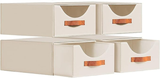 Closet Organizers and Storage - Large Stackable Storage Bins with Drawer, Fabric Bins for Organization, Collapsible Drawer Organizer Clothes for Bedroom, Living Room, 4 Pack, Beige-NeatNest
