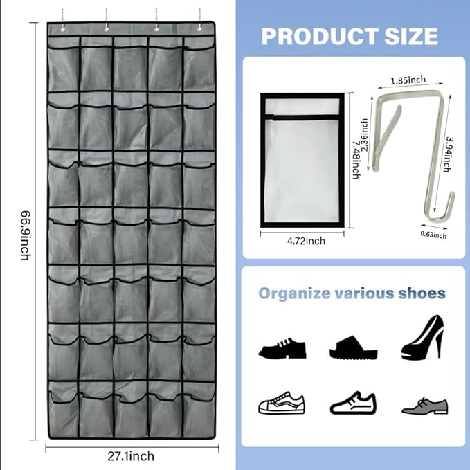 35-Pocket Over The Door Shoe Organizer - Mesh Pockets Shoe Holder Rack With 4 Metal Hooks-NeatNest