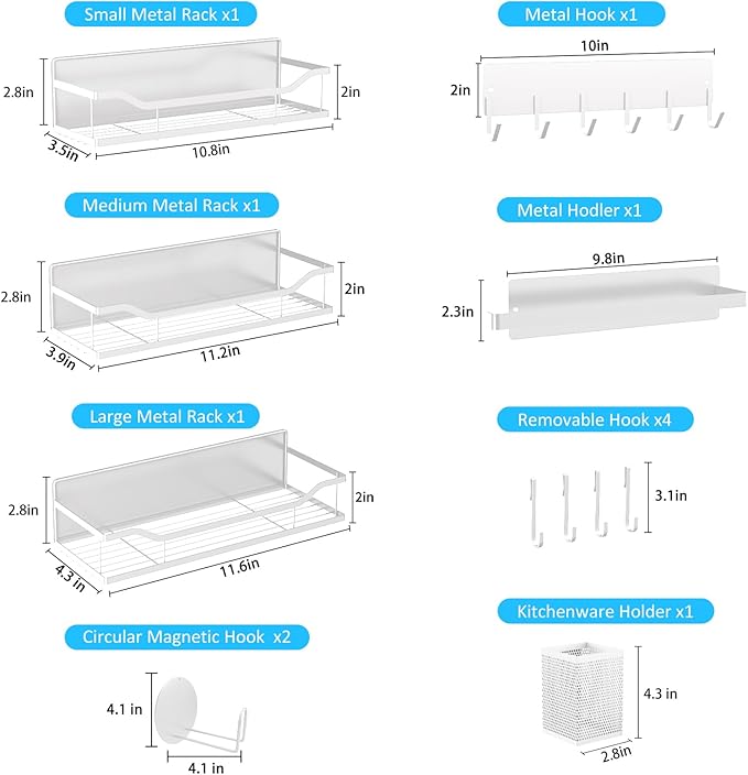 Heavy Duty Magnetic Shelves for Washer Dryer & Refrigerator - 11LB No-Slip Laundry Organizer, Rust-Proof Fridge Spice Rack with Hooks (8 Pack, White)