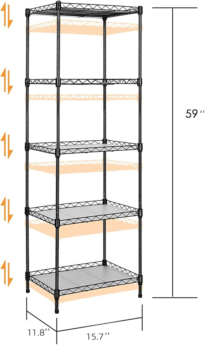 5-Tier Wire Shelving, 11.8x15.7x63in, Black - Heavy Duty Shelf - Kitchen Storage Shelves