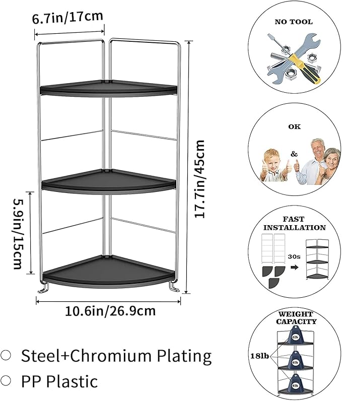 3-Tier Bathroom Countertop Organizer , Vanity Tray Cosmetic & Makeup Storage, Kitchen Spice Rack Standing Shelf , Corner Storage Shelf , Silver&Black-NeatNest