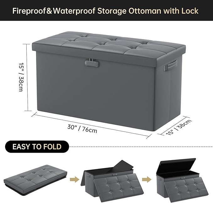 DocSafe Storage Ottoman Bench with Lock,Fireproof 30 Inches Folding Bench Foot Rest Stool Storage Chest Safe for Living Room,Bedroom,Home Office,Waterproof Leather Ottoman with Handles,Gray-NeatNest
