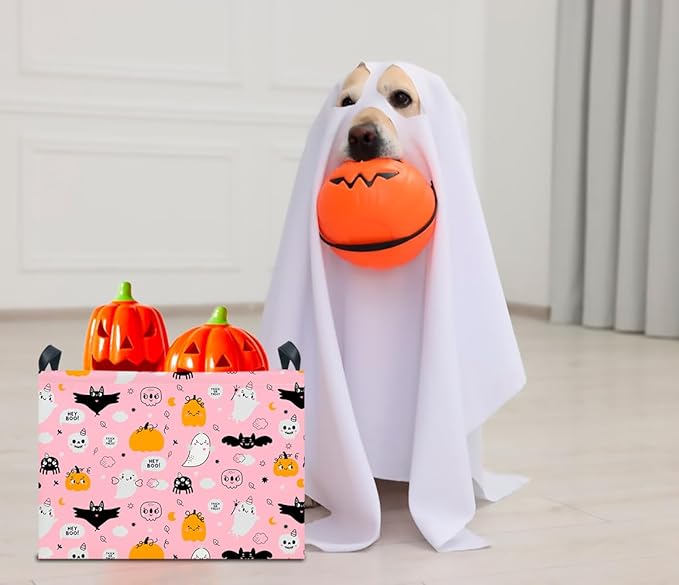 CLOCOR Rectangular Storage Basket Empty,Gift Basket for Halloween,Waterproof Storage Bin with Handles,Room Decor(Pink Ghost)-NeatNest