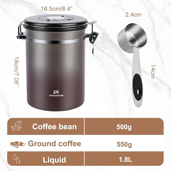 Coffee Canister Airtight Storage Container Stainless Steel Coffee Jar with Scoop,Date Tracker CO2 Release Valve for Dry Food Beans Ground Tea Flour Cereal and Sugar (1.8L Grey-Brown With Spoon(2pcs))-NeatNest