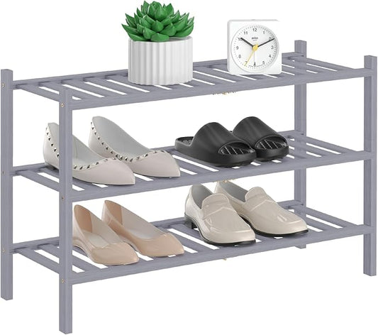 Shoe Rack, 3 Tier Bamboo Shoe Rack for Closet, Stackable Wooden Shoe Organizer, Free Standing Wood Shoe Shelf for Entryway Small Space, 27" x 11" x 20", Grey-NeatNest