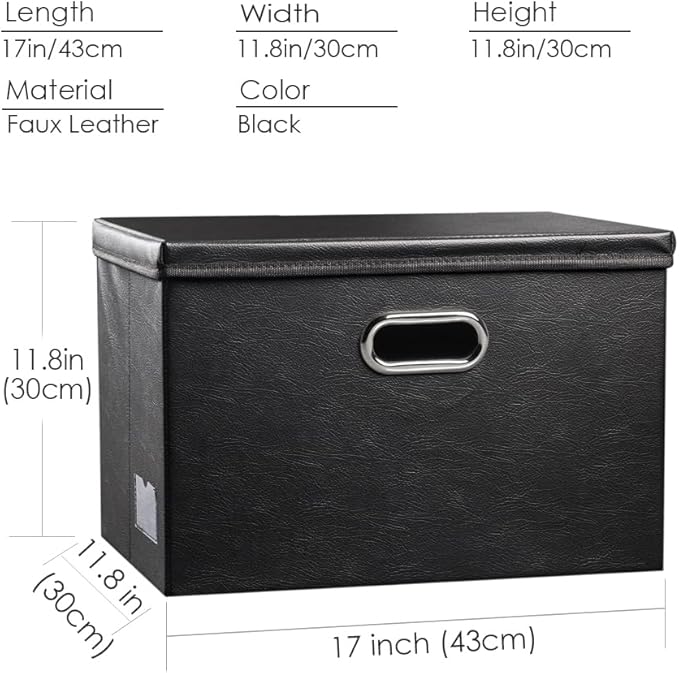 PRANDOM Large Foldable Storage Bins with Lids [3-Pack] Leather Fabric Collapsible Storage Boxes Organizer Containers Baskets Cube with Cover for Home Bedroom Closet Office Black(17.7x11.8x11.8)-NeatNest