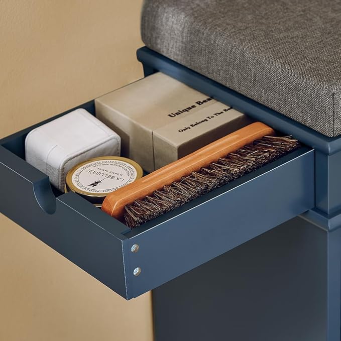Haotian Shoe Storage Bench with Cushion, Navy Narrow Shoe Rack for Entryway, Small Shoe Cabinet with 2 Tiers Flip-Drawer, Closet Hallway Mudroom FSR82-L-B-NeatNest