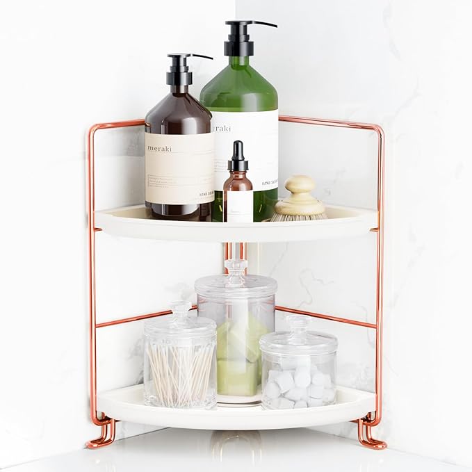 FSyueyun 2-Tier Corner Bathroom Counter Organizer, Tool-Less Installation Vanity Shelf Small Plastics Countertop Makeup Tray Skincare Perfume Organizers (Rose Gold)-NeatNest