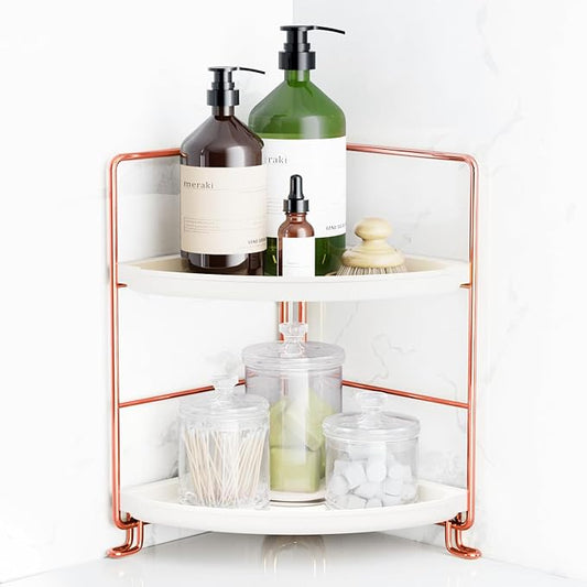 FSyueyun 2-Tier Corner Bathroom Counter Organizer, Tool-Less Installation Vanity Shelf Small Plastics Countertop Makeup Tray Skincare Perfume Organizers (Rose Gold)-NeatNest