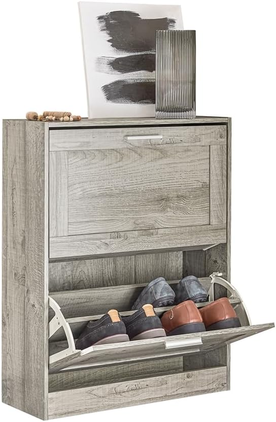 Haotian Slim Shoe Cabinet, Small Shoe Rack Entryway, Shoe Storage Organizer Entrance Hallway, Grey, FSR137-HG-NeatNest