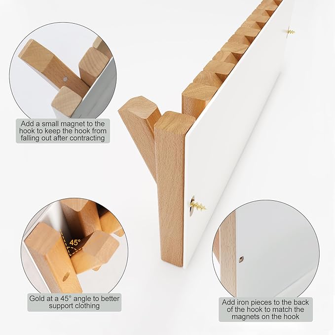 Coat Hooks, Wall Mounted Rack with 9 Retractable Hangers, Solid Wood Slim Holder for Entryway, 17in Natural Finish-1-NeatNest