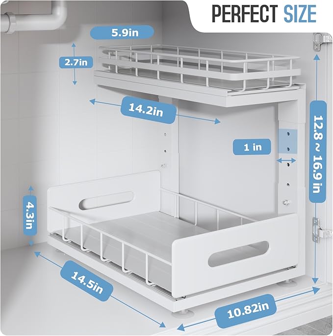 1 Pack Under Sink Organizer Upgrade To Professional Rails,2-Tier Dual Pull Out Cabinet Storage,Height Adjustable Slide Out Drawers For Bathroom Kitchen,Under Sink Shelf-White-NeatNest