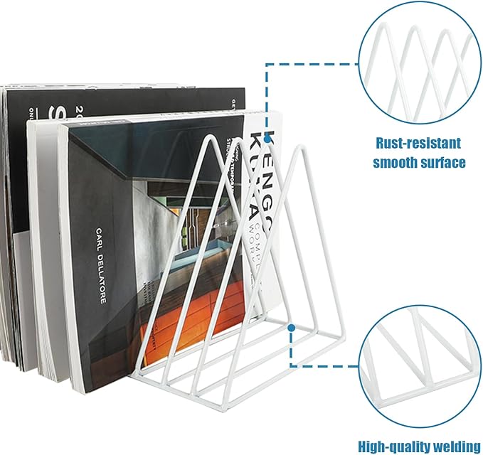EASEPRES Vinyl Record Holder Storage, 9 Slot Metal Magazine Book Album Display Rack, Stylish Triangle Desktop File Sorter Organizer for Home Office, White