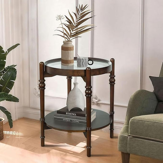 Glass End Table, 23" Round Side Tables with Tempered Glass Top and Solid Wood Frame, Small Night Stand for Living Room Office Apartment