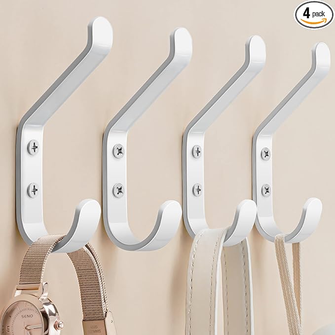Coat Hook for Hanging, 20LB (Max), Stainless Wall Hooks for Towel, Hat, Backpack, Key, Clothes, Wall Mounted Coat Hanger for Closet, Metal, White, 4 Pack-NeatNest