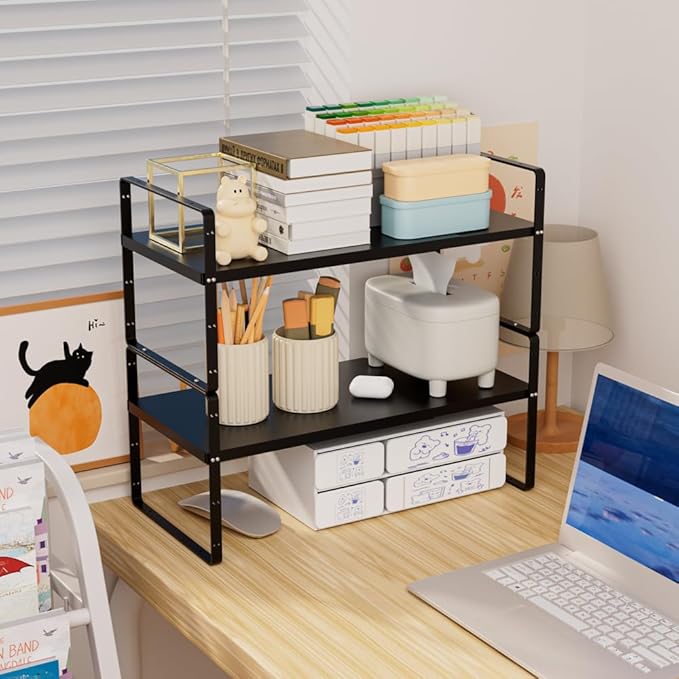 Slideep Expandable Shelf Rack Counter Organizer Shelf 16.54'' to 27.17'', Stackable Cabinet Shelves Organizer Storage Rack Cupboard Stand Spice Rack for Kitchen Bathroom Pantry -Black