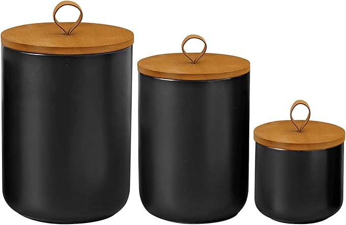 Ceramic Storage Jars, Modern Elegant Highly Polished Airtight Gorgeous Storage Canisters with Wooden Lid Small Food Stroage Jar for Kitchen Spice Tea Vanilla Sugar Coffee Beans (Black-3Pcs)-NeatNest