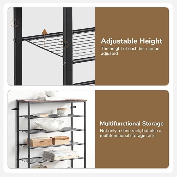8-Tier Shoe Rack Organizer, Metal Mesh Shoe Storage Shelf, for Entryway, Hallway, Closet, Dorm Room, Industrial, Rustic Brown-NeatNest