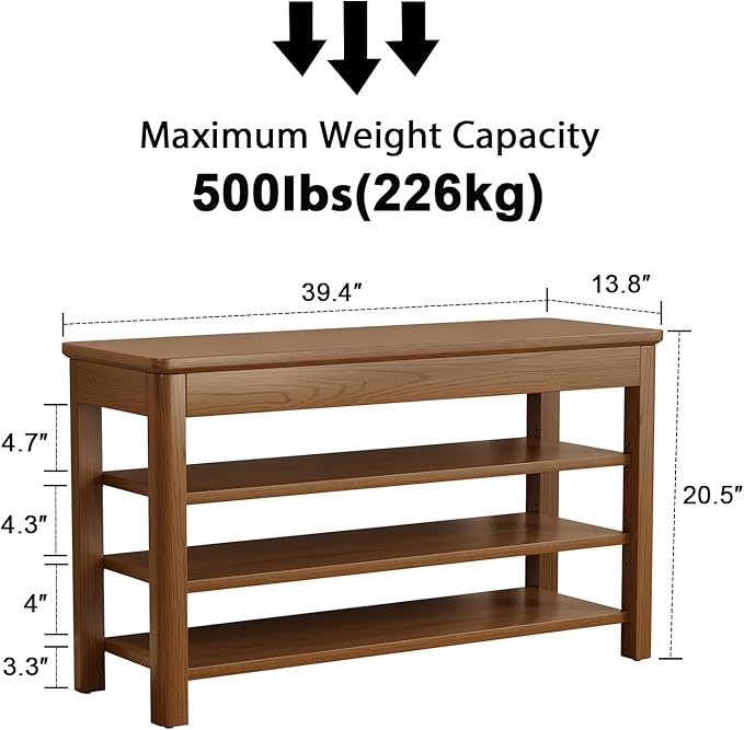 3 Tier Shoe Bench with Storage, Wood Shoe Rack for Front Door Entrance, Entryway Shoe Storage Bench.