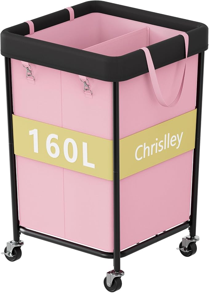 Chrislley 160L Laundry Hamper with Wheels, 2 Section Large Laundry Basket with Removable Bag, Steel Frame Dirty Clothes Hamper, Rolling Laundry Cart for Bedroom, Bathroom, Dorm, Hotel, Pink
