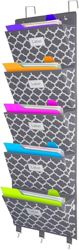homyfort Over the Door File Organizer, Hanging File Folders, Wall Organizers and Storage for Mail, Magazine, Notebooks, Planners, Office, Classroom, 5 Extra Large Pockets (Grey Lantern Pattern)-NeatNest