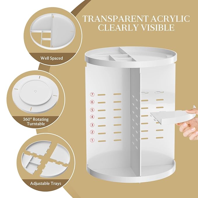 Makeup Organizer 360 rotating, Adjustable Skincare Organizers with Brush Holder, Cosmetics Display Cases for Vanity Bathroom Countertop Large Capacity Carousel Make up Caddy Shelf (White)-NeatNest