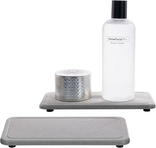 2 Pcs Water Absorbing Stone Trays, Kitchen/Bathroom Sink Soap Dish, Diatomite Tray Used for Hand Soap & Cosmetic Bottles in The Modern Home, 4" W x 8.3" L, Gray-NeatNest
