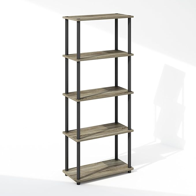 Furinno Turn-N-Tube 5-Tier Multipurpose Compact Bookcase, French Oak/Black-NeatNest