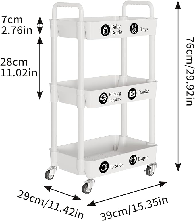 Laiensia 3-Tier Rolling Cart with Wheels,Multifunction Utility Storage carts, Kitchen Storage Organizer,Mobile Shelving Unit for Bathroom,Laundry,with Classified Stickers,White-NeatNest