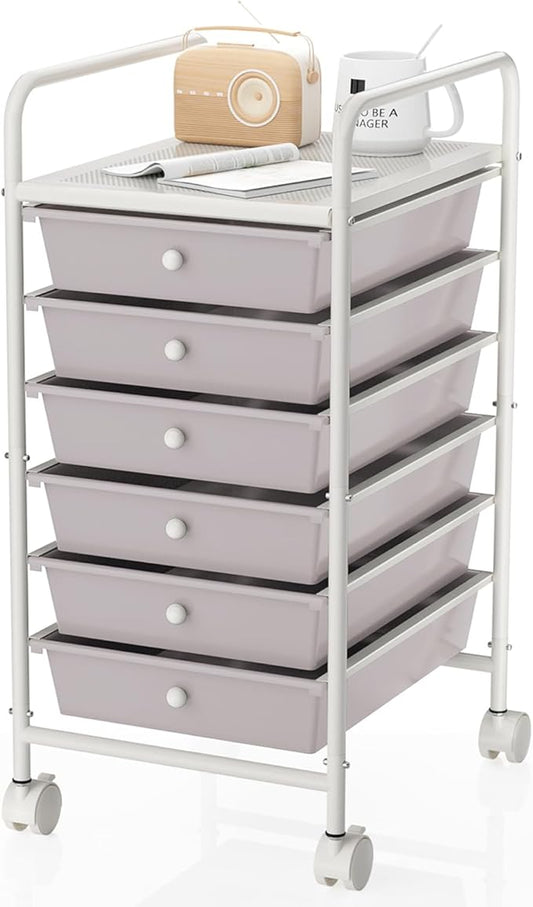 6-Tier Utility Cart with 6 Drawers, Rolling Utility Cart with 2 Lockable Caster Wheels, Multipurpose Mobile Rolling Drawer Cart for Office Bathroom Kitchen, Gray