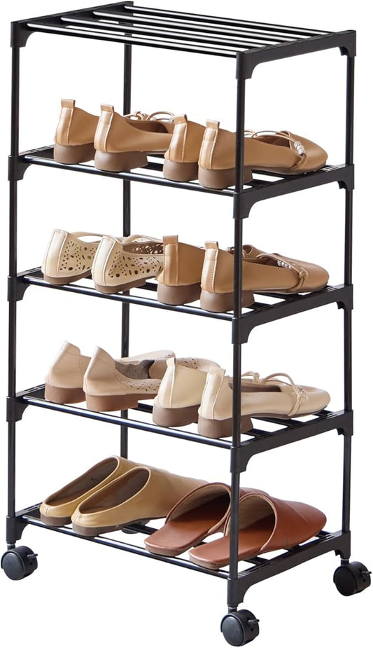 5-Tier Small Shoe Rack with Wheels, Slide-Out Metal Shoe Racks Storage, Anti-Rust Coating, Stackable Design - 16.9W for Entryway, Kitchen, Living Room & Office - Black