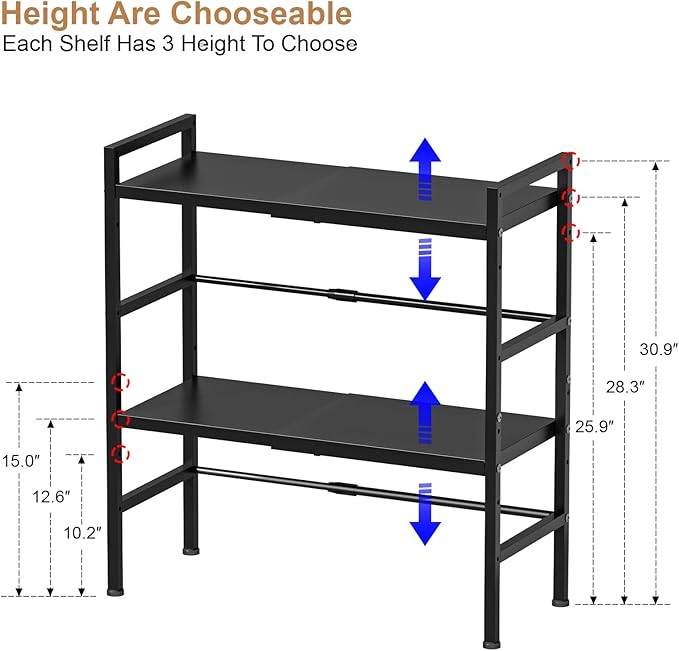 Expandable Metal Storage Shelves, 300 LBS Heavy Duty Metal Shelving Unit Rack For Pots And Pans Appliances Heavy Items, Adjustable 2 Tier Storage Shelf Rack Organizer For Kitchen Pantry Garage Laundry-NeatNest