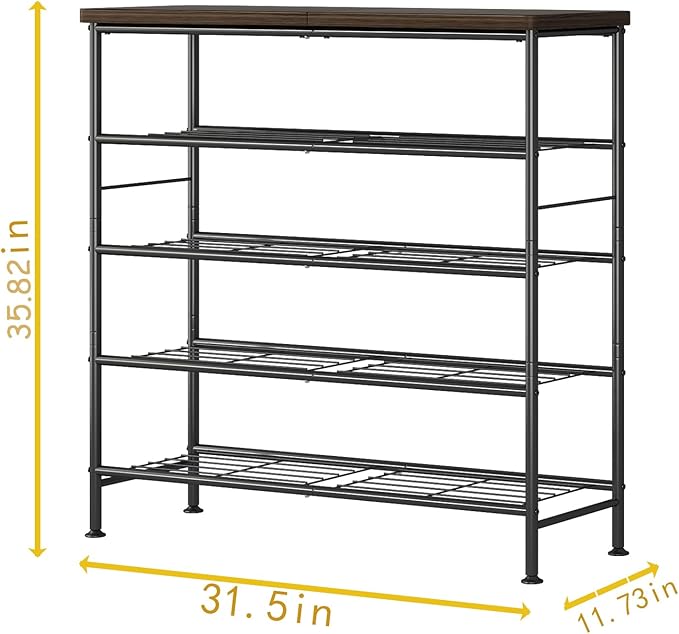 Shoe Rack Organizer 5 Tier for Closet Entryway Free Standing Metal Storage Shoe Shelf with MDF Top Board，Black+Rustic Brown-NeatNest