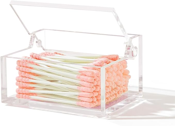 Clear Acrylic Qtip Holder with Lid, Cotton Balls Swab Organizer, 3.9" x 2.8" x 2" Dispenser for Makeup Pad, Floss Picks, Bath Salts, Cosmetic Storage Case, Home Bathroom Decor (DP051)-NeatNest