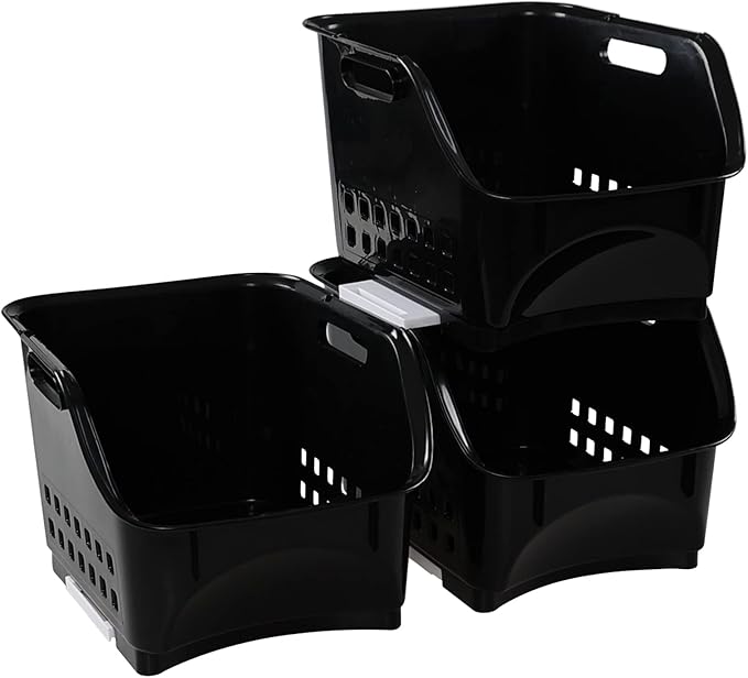 Readsky 3 Tier Plastic Kitchen Stacking Shelf Basket, Open Front Stacking Storage Bins