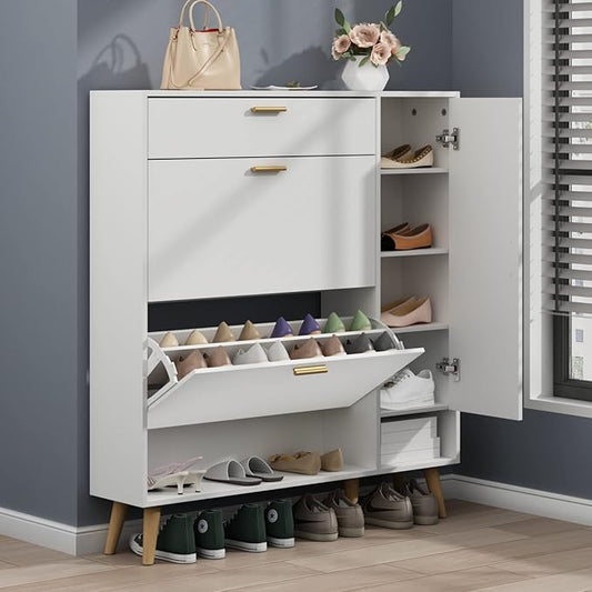 Shoe Rack Cabinet, Free Standing Shoes Storage Organizer Cabinet with 2 Flip Drawers, Entryway Narrow Shoe Rack Storage with Doors for Entryway-NeatNest